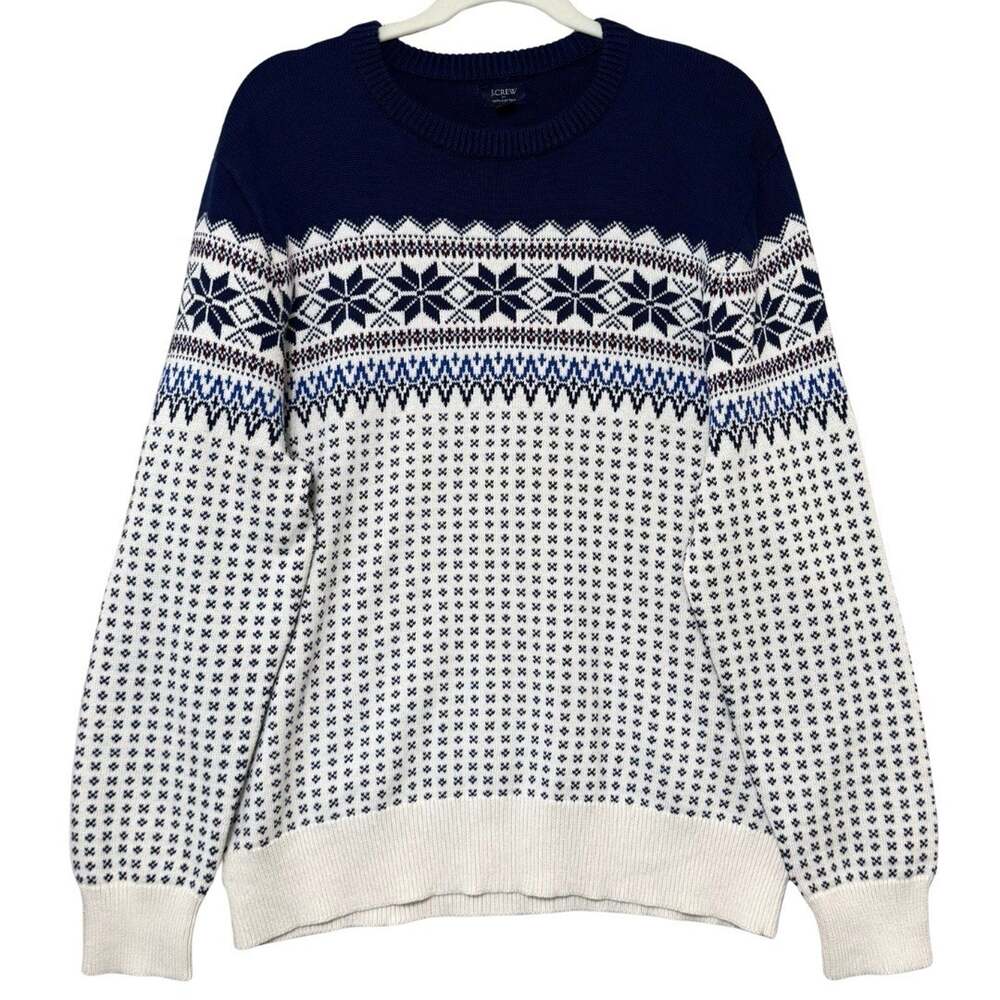 J.Crew Factory Mens Fair Isle Crewneck Sweater XL Navy Cream 100% Cotton Nordic